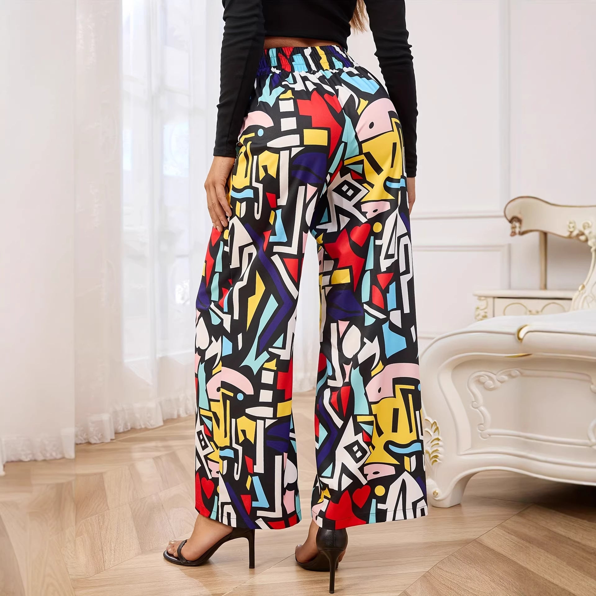 Multicolor graffiti-print wide-leg pants, long length, elastic waistband