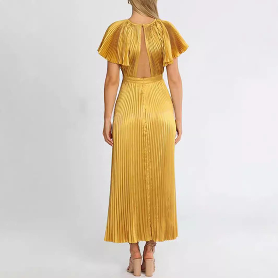 Dinner Party Round-Neck Pleated Dress Ruffle Sleeve Evening Dresses