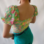 Women’s French Floral Square Neck Bow Crop Top
