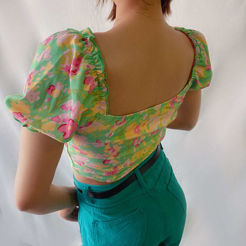 Women’s French Floral Square Neck Bow Crop Top