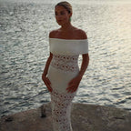 Off-Shoulder Short-Sleeve Knit Bodycon Maxi Dress