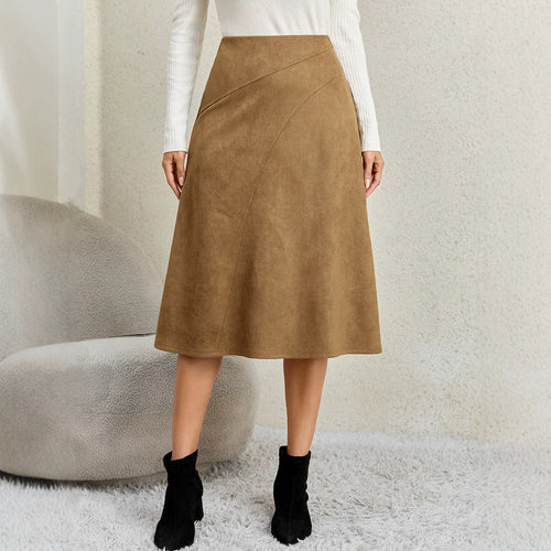 Women’s khaki suede-look midi skirt with side zip and angled stitch panels