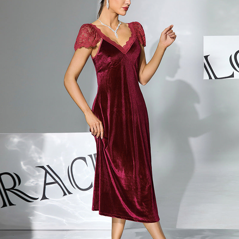 Women's Elegant Velvet Lace Nightgown Burgundy V-Neck Mid Sleepwear