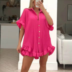 Women's Shorts Short-Sleeve Shirt Two-Piece Loose Pleated Wooden Ear Casual Sets