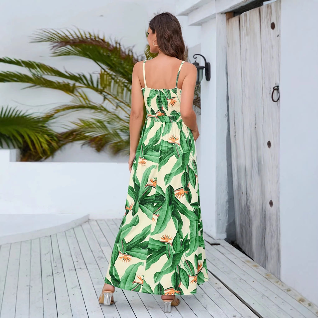 Women's Tropical Print Spaghetti Strap Midi Dress