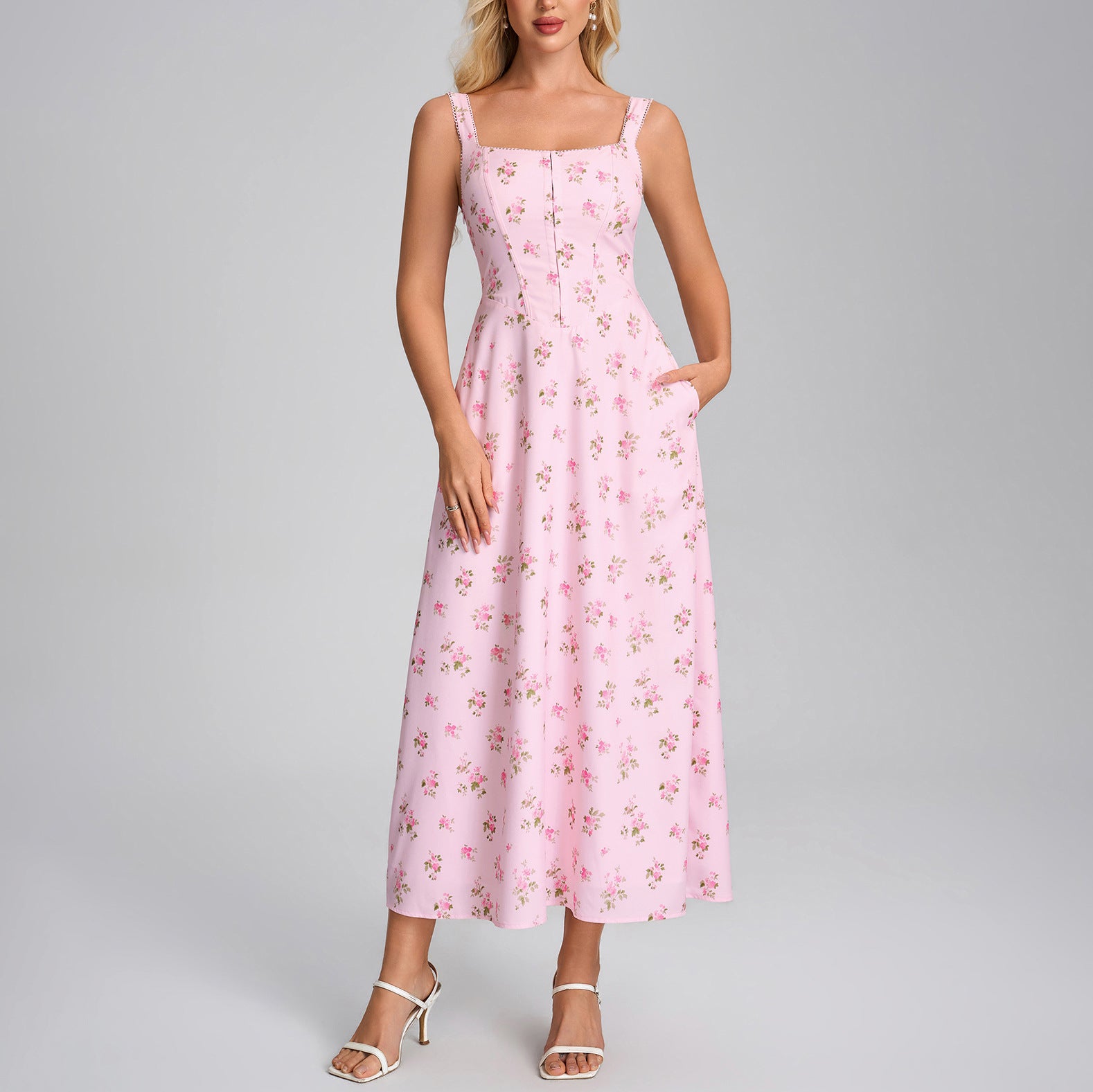 Women's Printed Square-Neck Lace-Up Vacation Dress