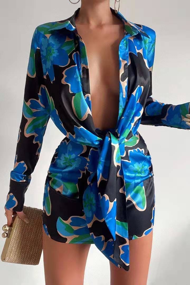 Women's Sexy Women Wear Digital Printing Series Button Long Sleeve Shirt Dress