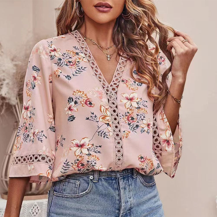 Women's Southeast Asia Summer Loose V Neck Office Bell Sleeve Lace Blouse Women Shirt