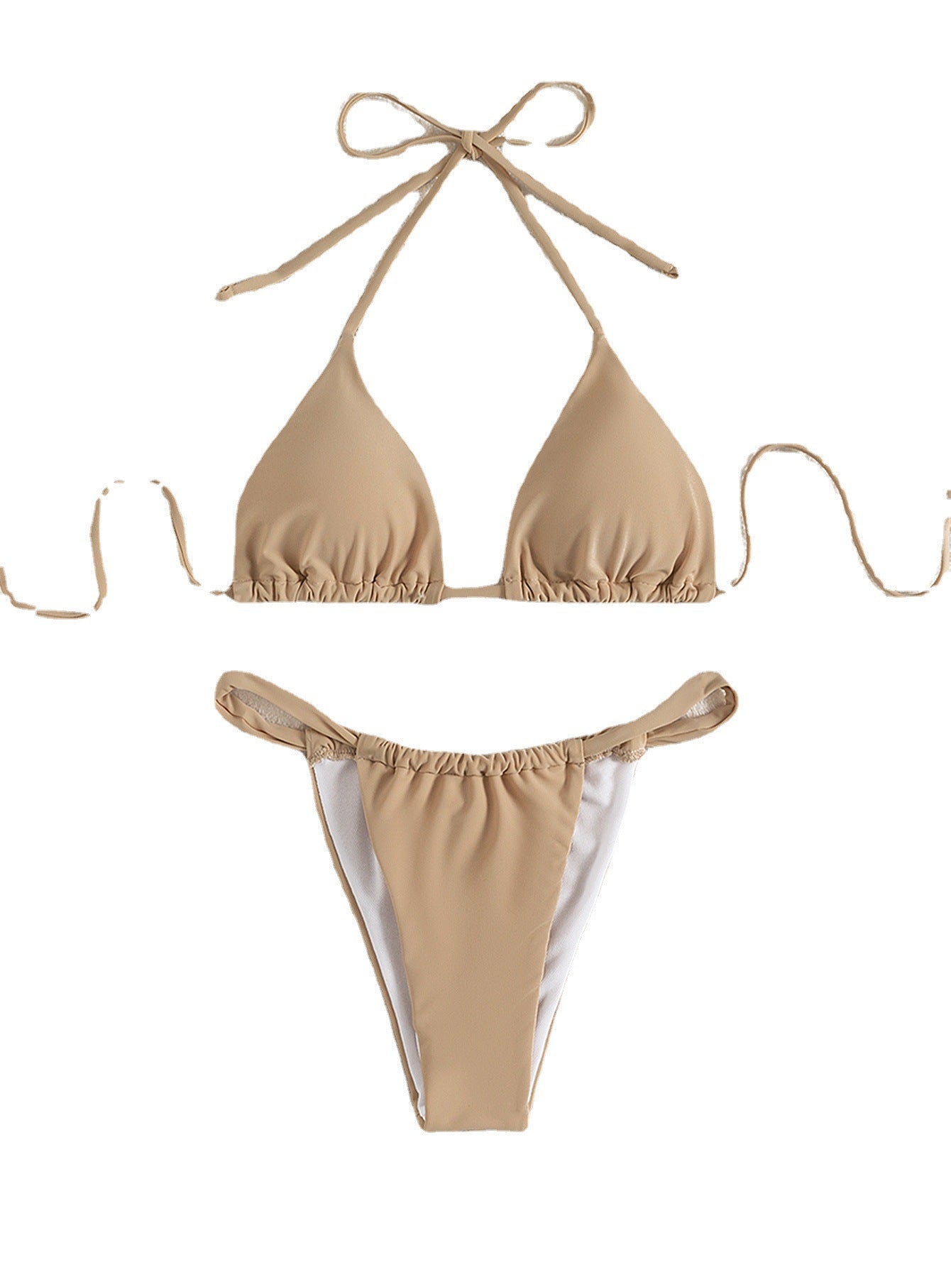 Solid color bikini swimwear in beige, halter triangle top with ruched high-leg tie bottoms