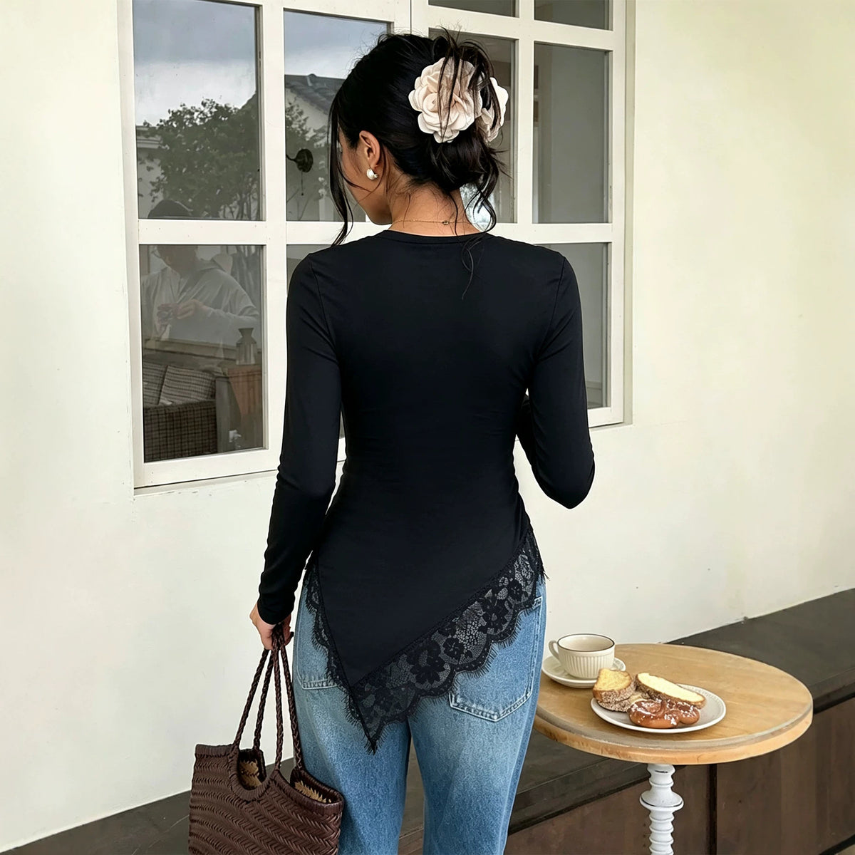 Women's Asymmetric Lace-Trim Long-Sleeve Top