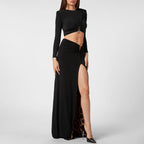 Spring Summer Black Long Sleeve Leopard Print Lining Two Piece Set High Slit Long