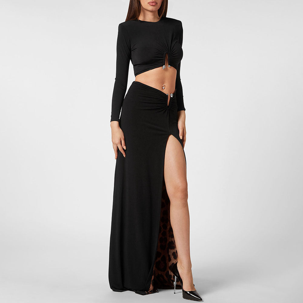 Spring Summer Black Long Sleeve Leopard Print Lining Two Piece Set High Slit Long