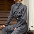 Women's Gray Turtleneck Top And Wide-Leg Pants Set
