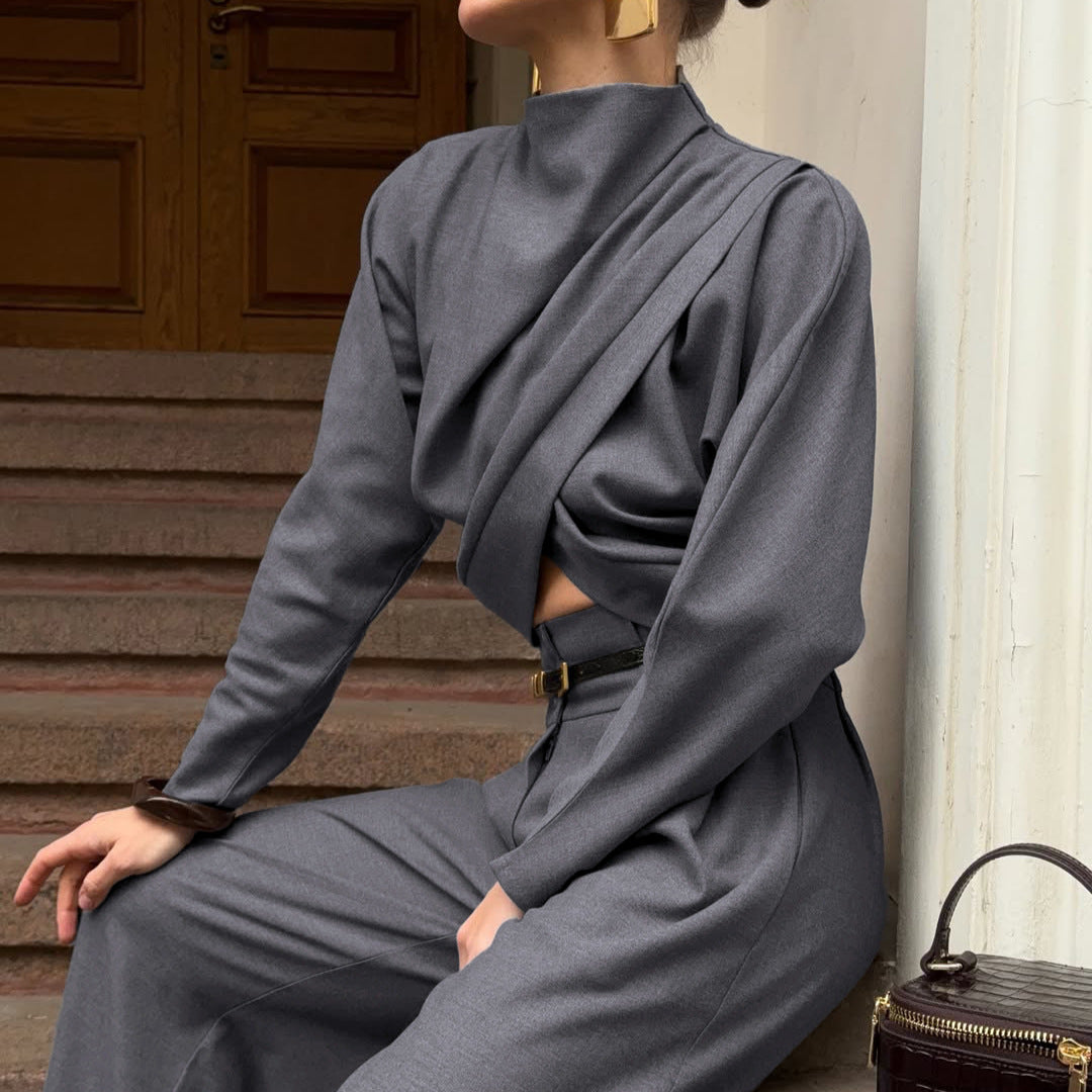 Women's Gray Turtleneck Top And Wide-Leg Pants Set