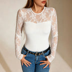 Women Clothing Lace Knitted Top Mesh Hollow Out CO Slim Fit