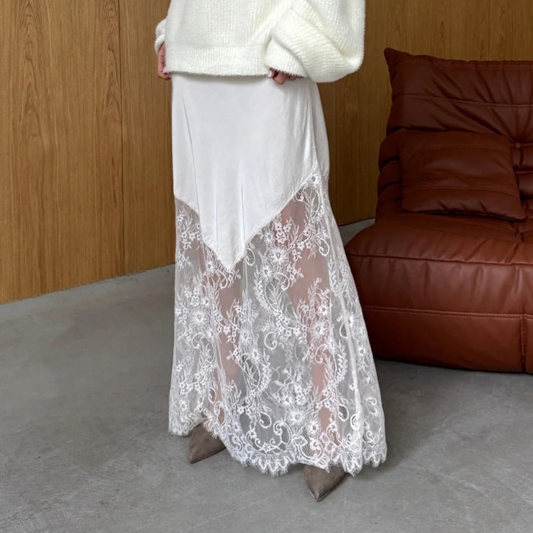 Lace Stitching See Through Skirt Hip Skirt