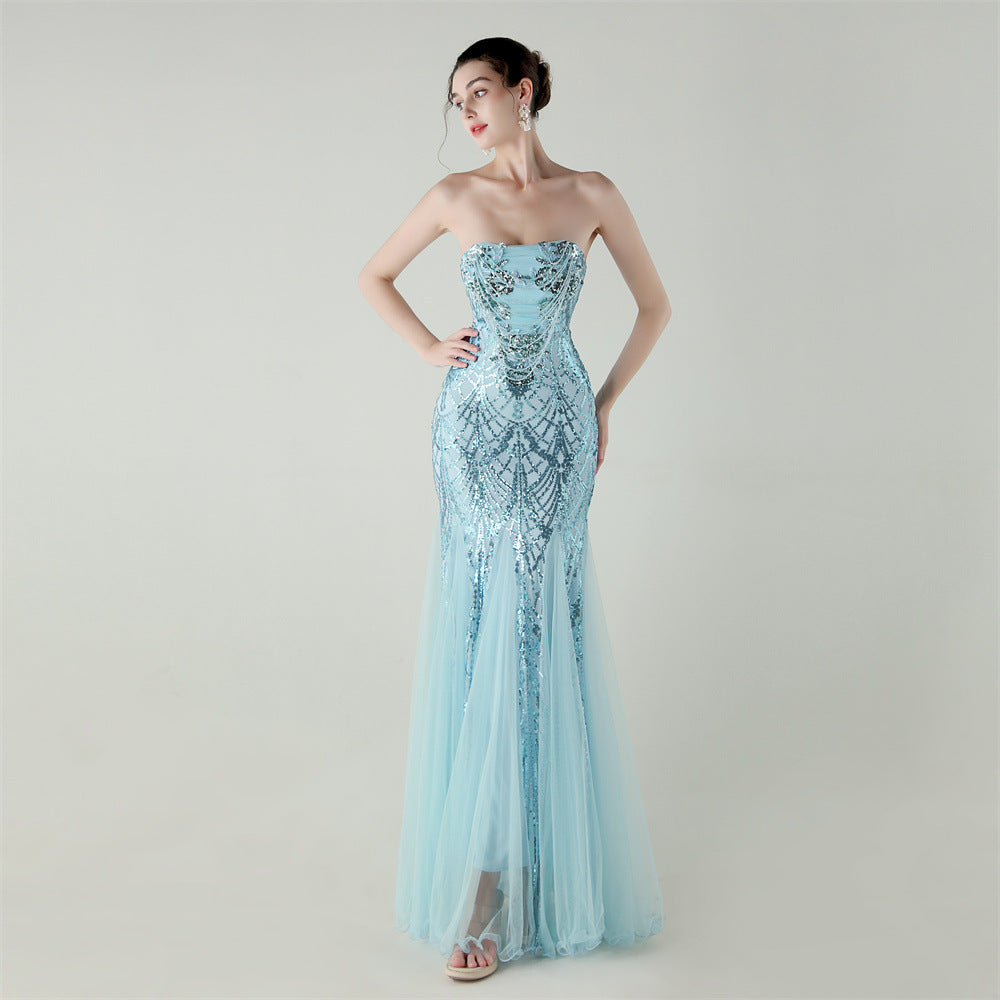 Mesh Heavy Industry Beaded Tube Floral Evening Tube Top Dress