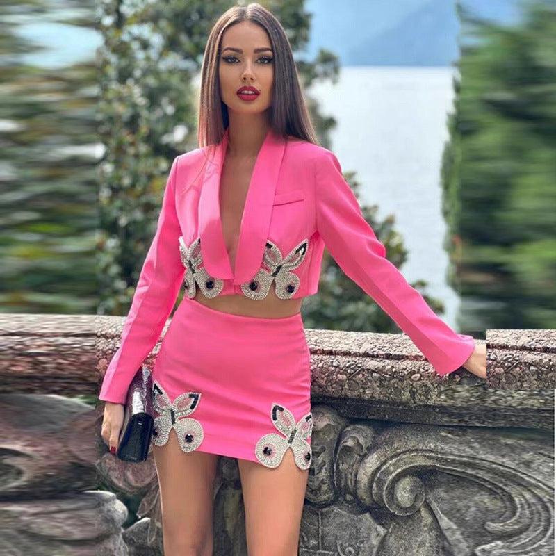 Women's Rhinestone Beaded Two-Piece Skirt Set