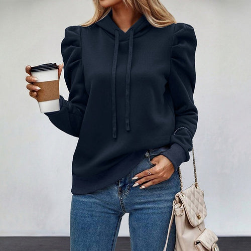 Dark blue pullover hoodie with hood, drawstring, and puff sleeves