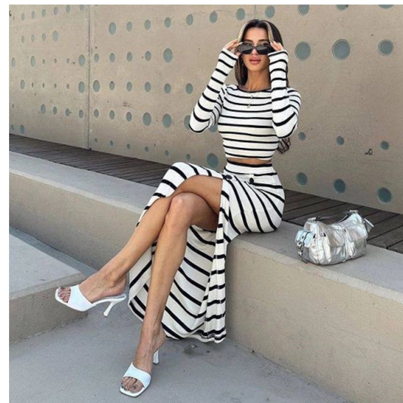 Women's Autumn Classic Black White Top And Skirt Two-Piece Set