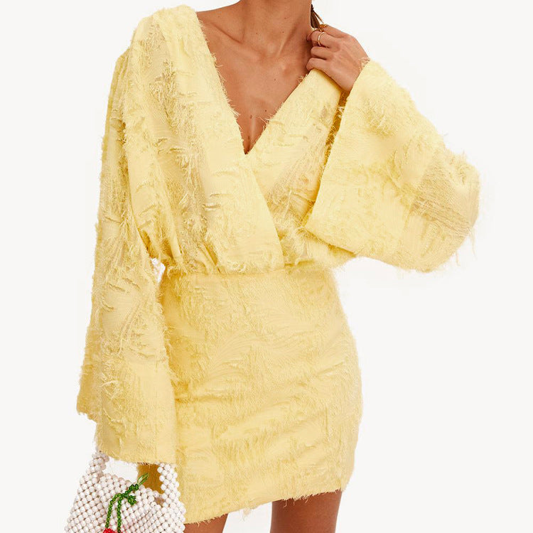 V-Neck Jacquard Long Sleeve Mini Dress