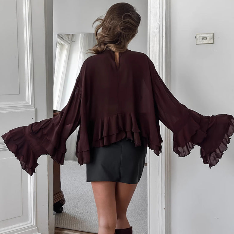 Women's Brown Chiffon Ruffle Bell Sleeve Blouse