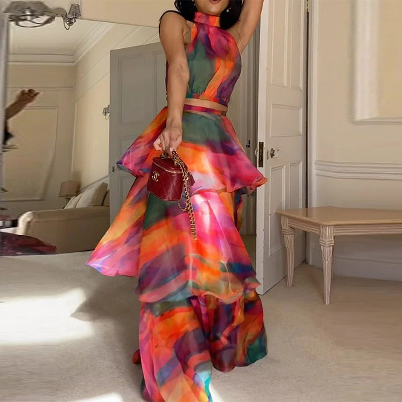 Women's Fall Halter Tie Dye Puffy Tiered Ruffle Maxi Dress