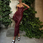 Women's Elegant Faux Leather Strapless Strap Fold Split Dress
