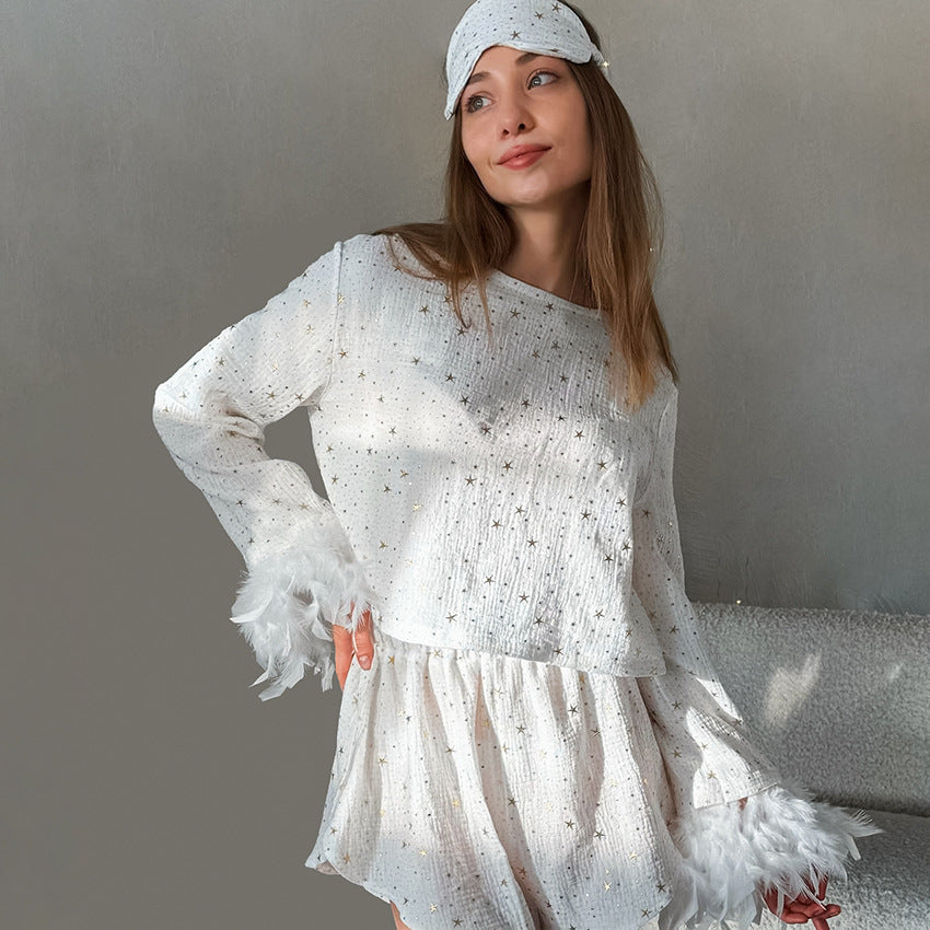Autumn Pure Cotton Comfortable Suitable for Daily Wear Women Long Sleeve Shorts Feather Sleeve Home Wear