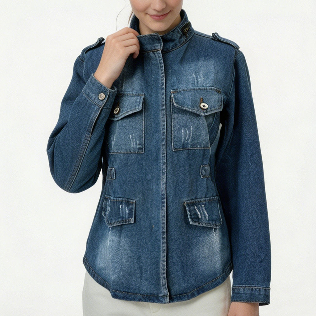 Multi Pocket Washed Zipper Decorations EW Women Denim Jacket