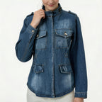 Multi Pocket Washed Zipper Decorations EW Women Denim Jacket