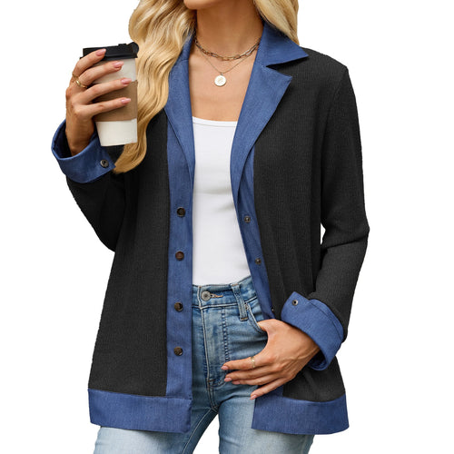 Black button-front long-sleeve sweater with royal blue contrast lapels and patch pockets