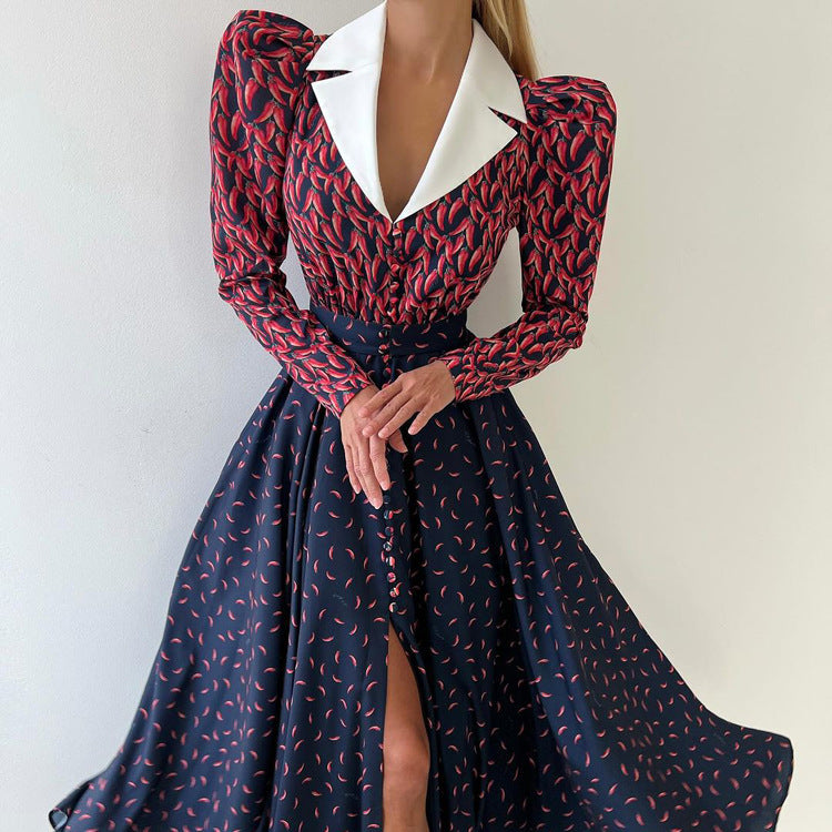 Women's Contrast Color Design Collared Long Sleeve A Line Women Waist Controlled Printed Large Swing Dress