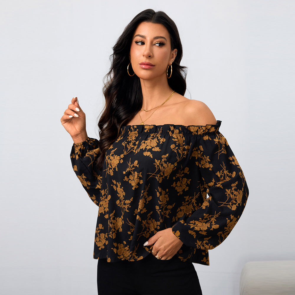 Women's off Shoulder Women Shirt Floral Elegant Long Sleeve Top