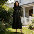 Women's Stand-Collar Embroidered Lace Belted Long-Sleeve Maxi Dress