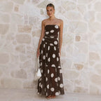 Women's Polka Dot Print Wrapped Chest off Shoulder Mesh Top