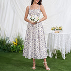 Sleeveless blue-and-white lace backless midi dress with square neckline and side slit