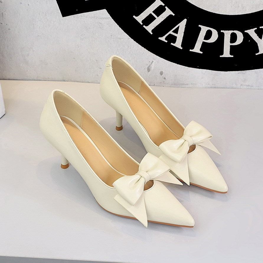 Women's Dignified Hollow Out Cutout Bow Tie Pointed Low Cut Slip On Stiletto Panther Print Professional High Heels