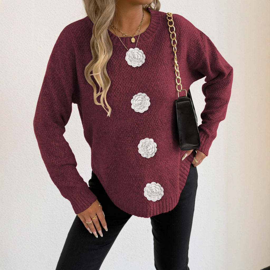 Women Clothing Three Dimensional Crocheted Decorative Casual Bottoming Shirt Pullover