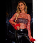 Women's Rhinestone Fishnet Feather Crop Top