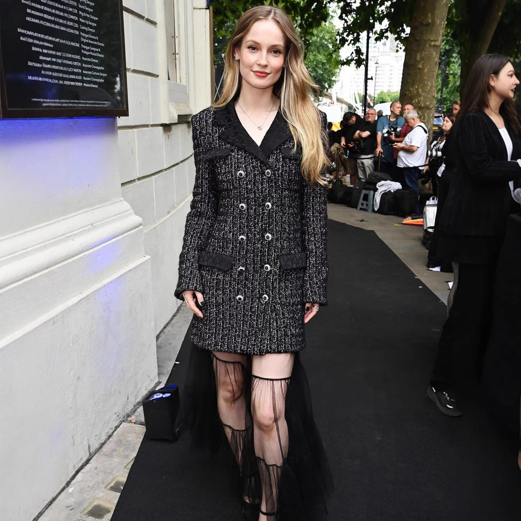 Black White Tweed Short Coat Double Breasted Design with