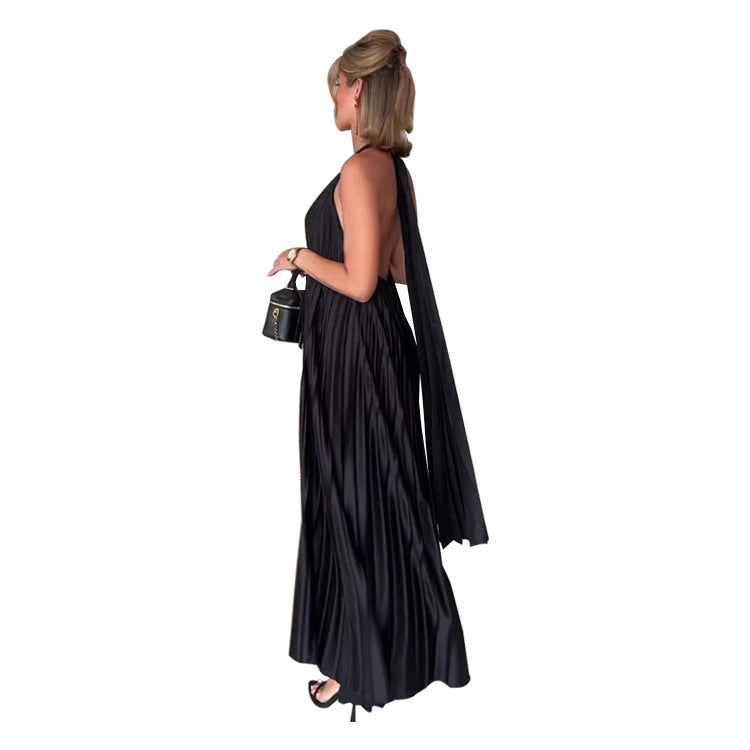 Women's Elegant Pleated Halter Solid Color Dress