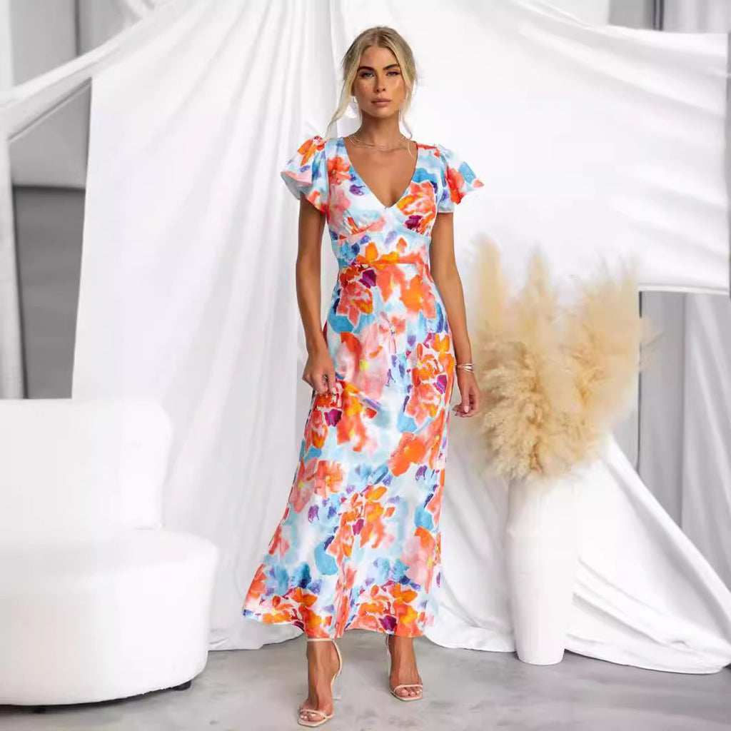 Women's Floral V neck Lotus Leaf Sleeve Mid Length Dress