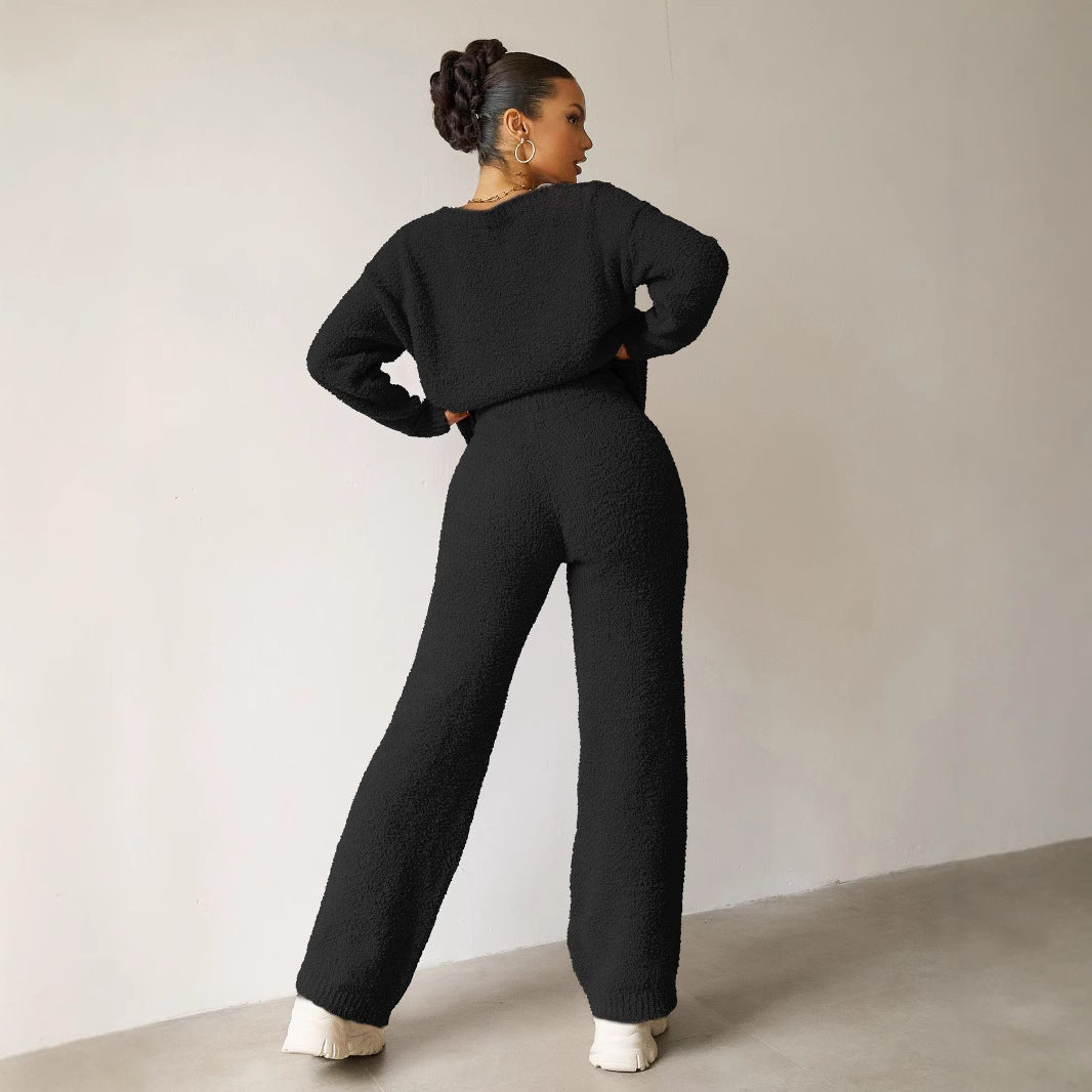 Autumn Winter Solid Color round Neck Long Sleeve Trousers Thick