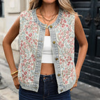 Floral Denim Vest round Neck Sleeveless Jacquard Crop Top Vest Coat