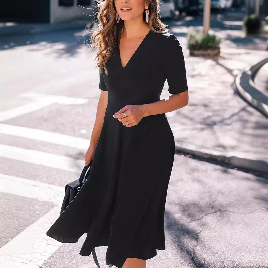 Women's V-Neck Pocket A-Line Midi Dress