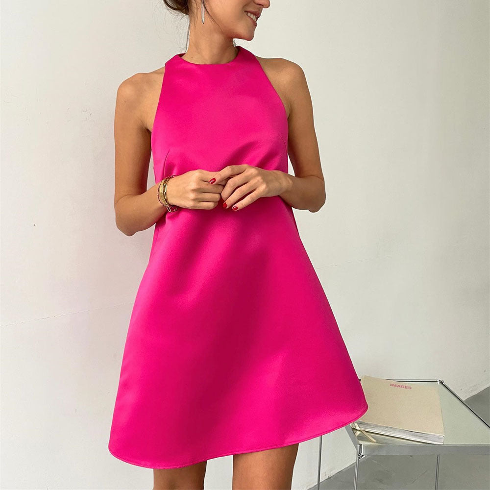 Spring Summer Satin Dress round Neck Sleeveless A-Line Party Dance