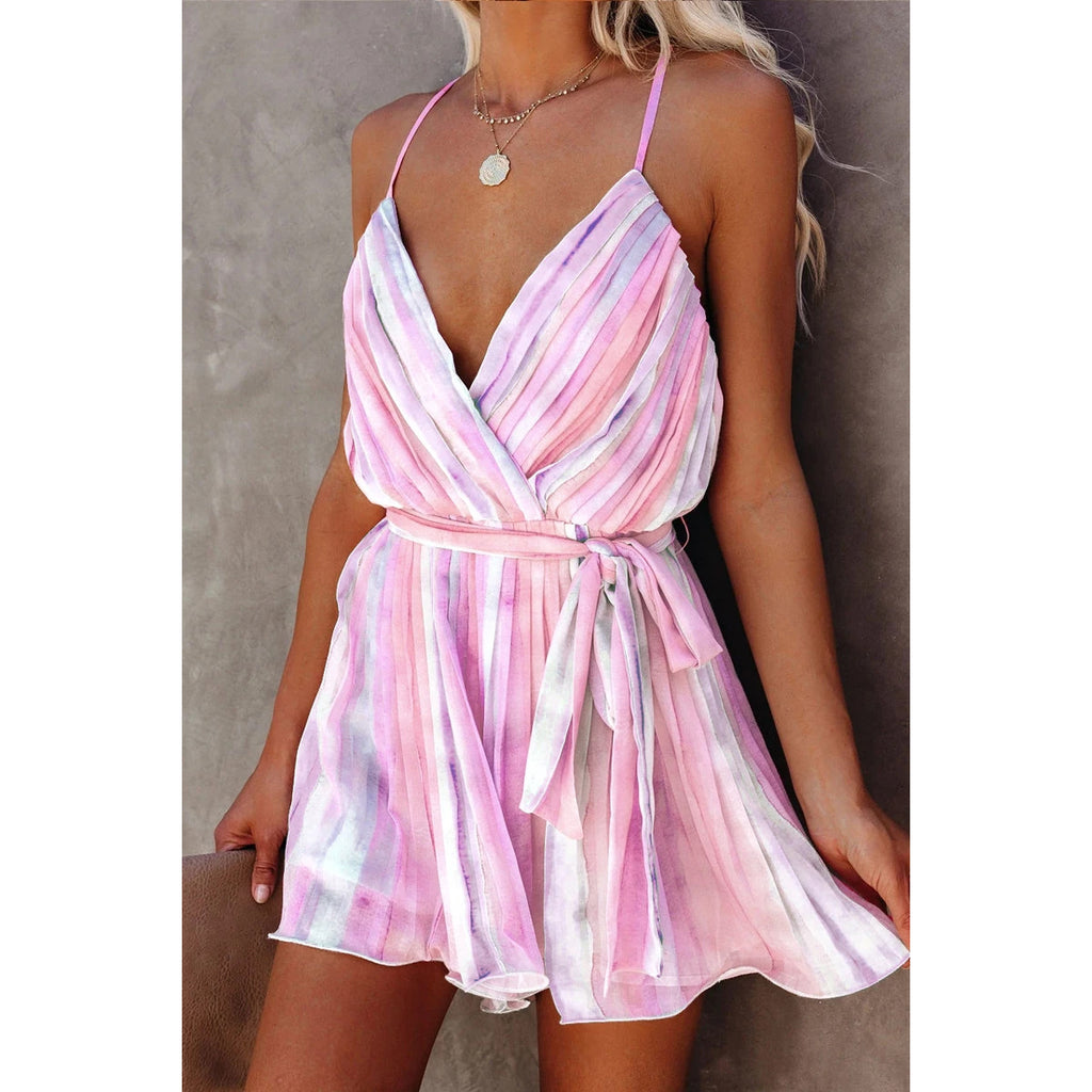 Suspender Pleated Chiffon Home Lace-Up V-Neck Chiffon Dress