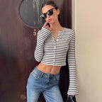 in Striped Long Sleeved T shirt Women Autumn Slim Fit Cardigan All Matching Top Women