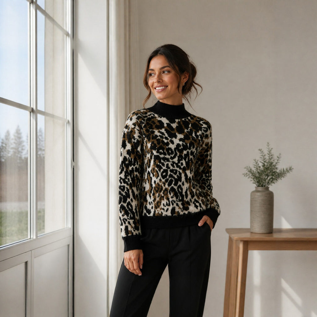 Women's Leopard Print Mock-Neck Sweater